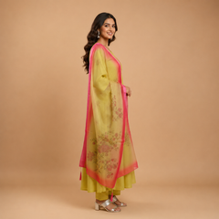 Lime Green Anarkali Set with Floral Organza Dupatta