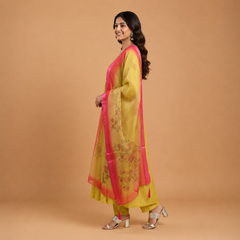 Lime Green Anarkali Set with Floral Organza Dupatta
