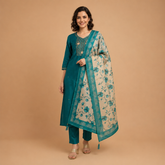 Elegant Teal Silk Embroidery Suit Set