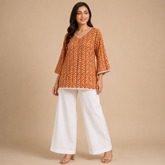 Women's Rust Orange Printed Ethnic Top with Lace Trim