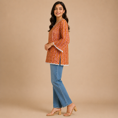 Women's Rust Orange Printed Ethnic Top with Lace Trim