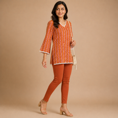 Women's Rust Orange Printed Ethnic Top with Lace Trim