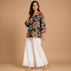 Women's Cotton Printed Top with Lace Trim