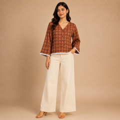 V-Neck Casual Ethnic Top with Lace Trim for Women