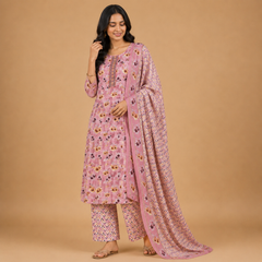 Women's Printed Cotton Kurta Pant Dupatta Set