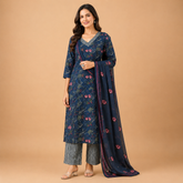 Elegant Navy Blue Floral Printed Cotton Kurta Pant Dupatta Set