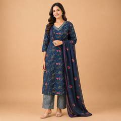 Elegant Navy Blue Floral Printed Cotton Kurta Pant Dupatta Set