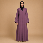 Modest Long Sleeve Open Front Abaya with Floral Embroidery