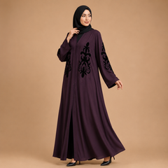 Premium Embroidered Front Open Abaya for Women with Floral Velvet Design