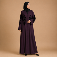Premium Embroidered Front Open Abaya for Women with Floral Velvet Design