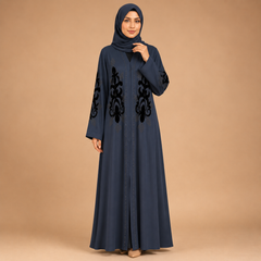 Premium Embroidered Front Open Abaya for Women with Floral Velvet Design