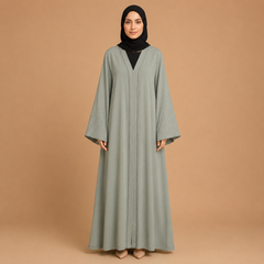 Women's Sage Grey Open Front Abaya with Crystal Embellished Sleeves