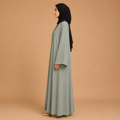 Women's Sage Grey Open Front Abaya with Crystal Embellished Sleeves
