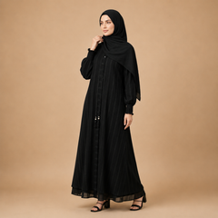 Pinstripe Abaya with Smocked Cuff Detail
