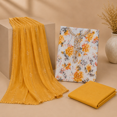 Designer Rayon Unstitched Suit Material with Floral Printed Top & Embellished Dupatta