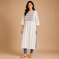Women’s Off-White Printed Straight Kurta with Floral Yoke