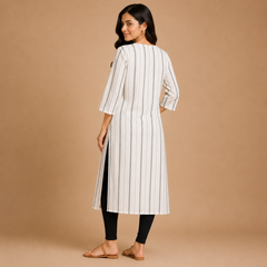 Women’s Off-White Printed Straight Kurta with Floral Yoke