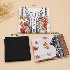 Off White Floral Printed Unstitched Dress Material with Black Bottom & Printed Dupatta