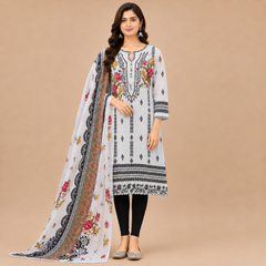 Off White Floral Printed Unstitched Dress Material with Black Bottom & Printed Dupatta
