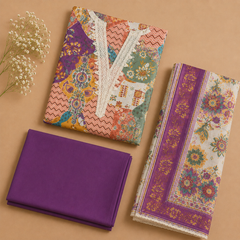 Multicolour Printed Unstitched Salwar Suit Material with Purple Bottom & Designer Printed Dupatta