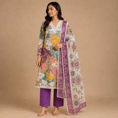 Multicolour Printed Unstitched Salwar Suit Material with Purple Bottom & Designer Printed Dupatta