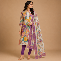 Multicolour Printed Unstitched Salwar Suit Material with Purple Bottom & Designer Printed Dupatta