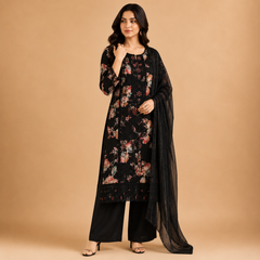 Women’s Floral Embroidered Semi-Stitched Salwar Suit Material with Dupatta