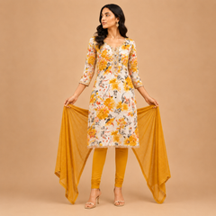 Designer Rayon Unstitched Suit Material with Floral Printed Top & Embellished Dupatta