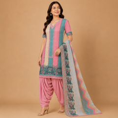 Printed Unstitched Cotton Blend Salwar Suit Dress Material with Lace Neck Design & Dupatta
