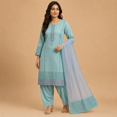 Premium Semi-Stitched Salwar Suit Material with Embroidered Lace Work & Organza Dupatta for Women