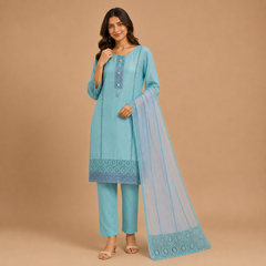 Premium Semi-Stitched Salwar Suit Material with Embroidered Lace Work & Organza Dupatta for Women
