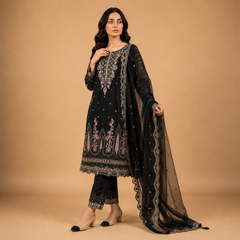 Women's Embroidered 3-Piece Suit with Organza Dupatta & Straight Trouser