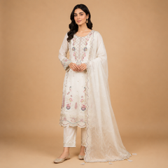 Women's Embroidered 3-Piece Suit with Organza Dupatta & Straight Trouser