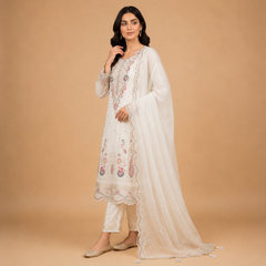 Women's Embroidered 3-Piece Suit with Organza Dupatta & Straight Trouser