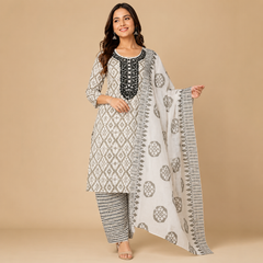 Off-White Embroidered Unstitched Cotton Blend Salwar 3-Piece Ethnic Material