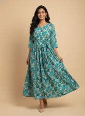 Floral Hand Block Print Anarkali Maxi Dress