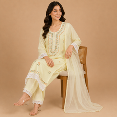 Women's Soft Butter Yellow Embroidered Kurta Set with Dupatta