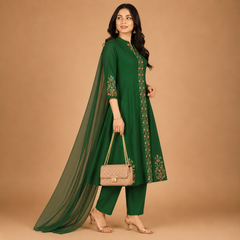 Women's Embroidered Anarkali Kurta Set with Straight Pants & Plain Dupatta