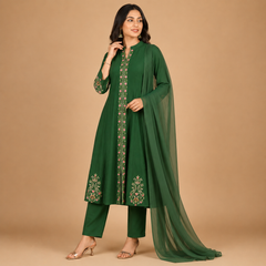 Women's Embroidered Anarkali Kurta Set with Straight Pants & Plain Dupatta