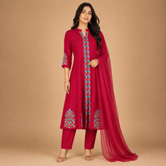 Women's Embroidered Anarkali Kurta Set with Straight Pants & Plain Dupatta