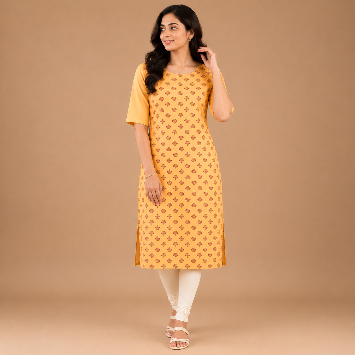 Women's Mustard Yellow Printed Straight Kurti with Half Sleeves