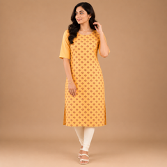Women's Mustard Yellow Printed Straight Kurti with Half Sleeves