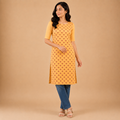 Women's Mustard Yellow Printed Straight Kurti with Half Sleeves