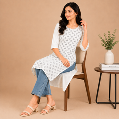 Elegant White Geometric Print Kurti for Women
