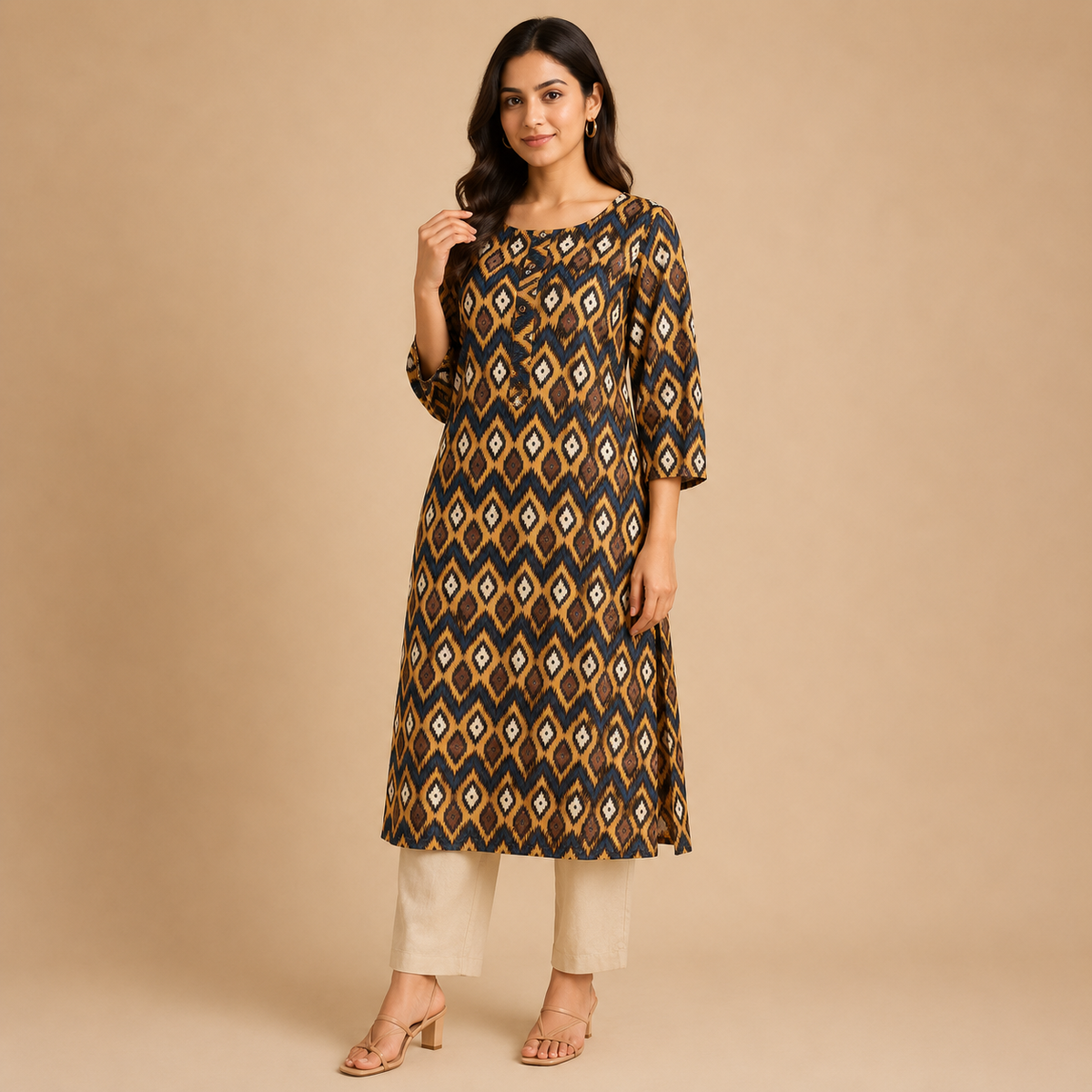 Women’s Brown & Navy Ikat Printed Straight Kurta