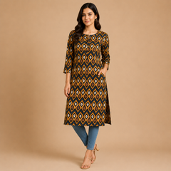 Women’s Brown & Navy Ikat Printed Straight Kurta