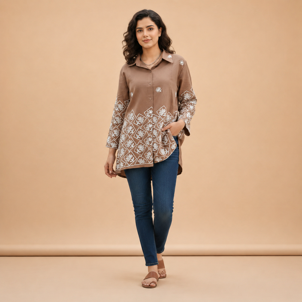Women’s Brown Embroidered Casual Shirt