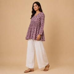 Women's Printed V-Neck Empire Waist Flared Tunic Top
