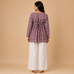 Women's Printed V-Neck Empire Waist Flared Tunic Top