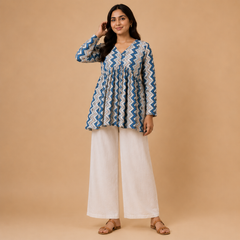 Women's Printed V-Neck Empire Waist Flared Tunic Top